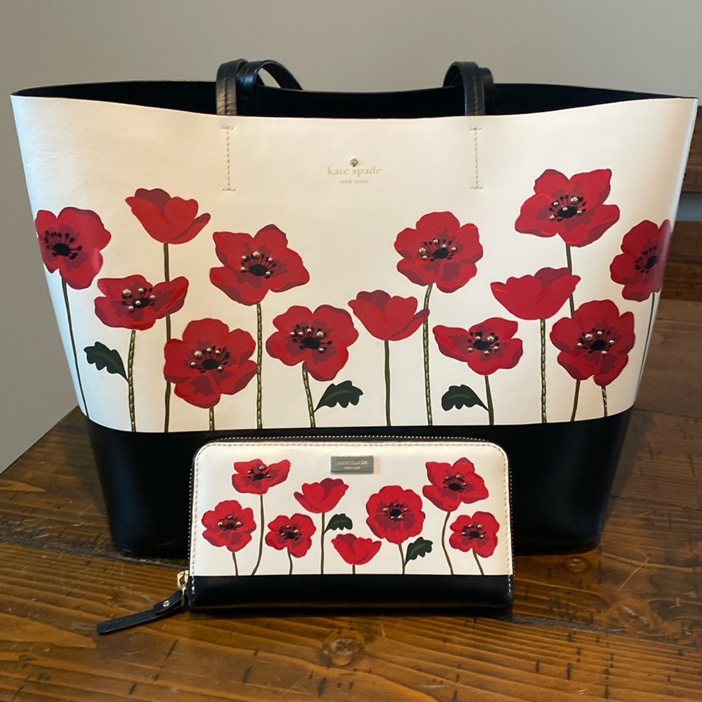 Kate Spade New York Poppy Tote Bag with Matching Poppy Neda Zip Around Wallet